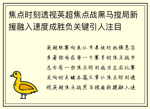 焦点时刻透视英超焦点战黑马搅局新援融入速度成胜负关键引人注目 焦点时刻透视英超焦点战黑马搅局新援融入速度成胜负关键引人注目